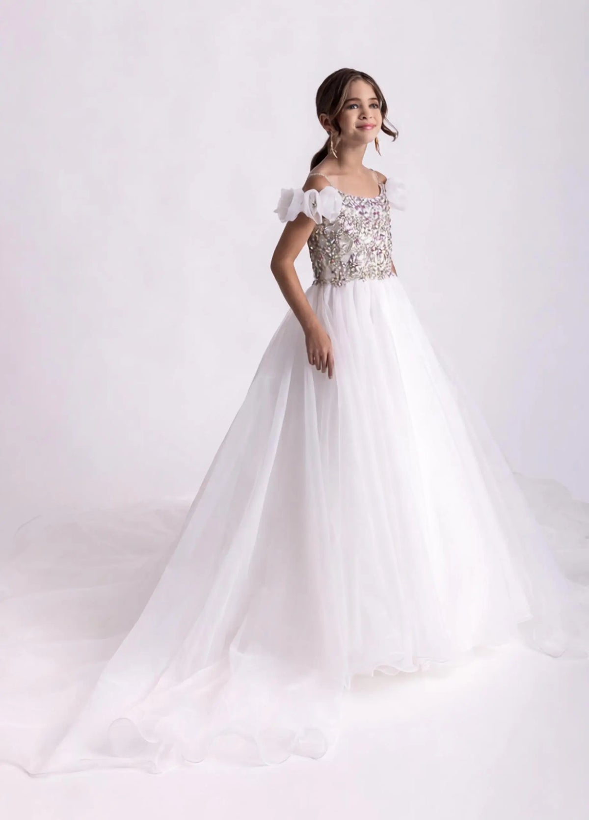 Snvdzo Off Shoulder 3D Flower Sleeve Pageant Dress Crystal Beaded Bodice Flower Girl Dress For Wedding Pageant Birthday Party