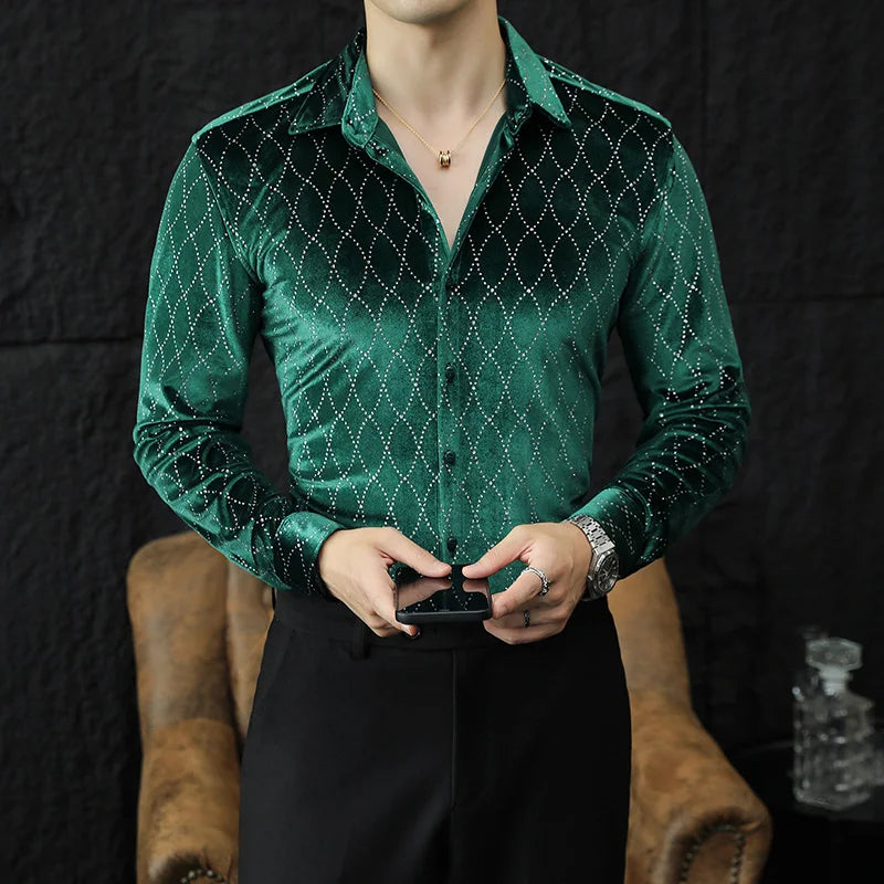 Luxury shiny plaid velvet men's dress shirt with long sleeves, ideal for autumn winter casual or party wear.