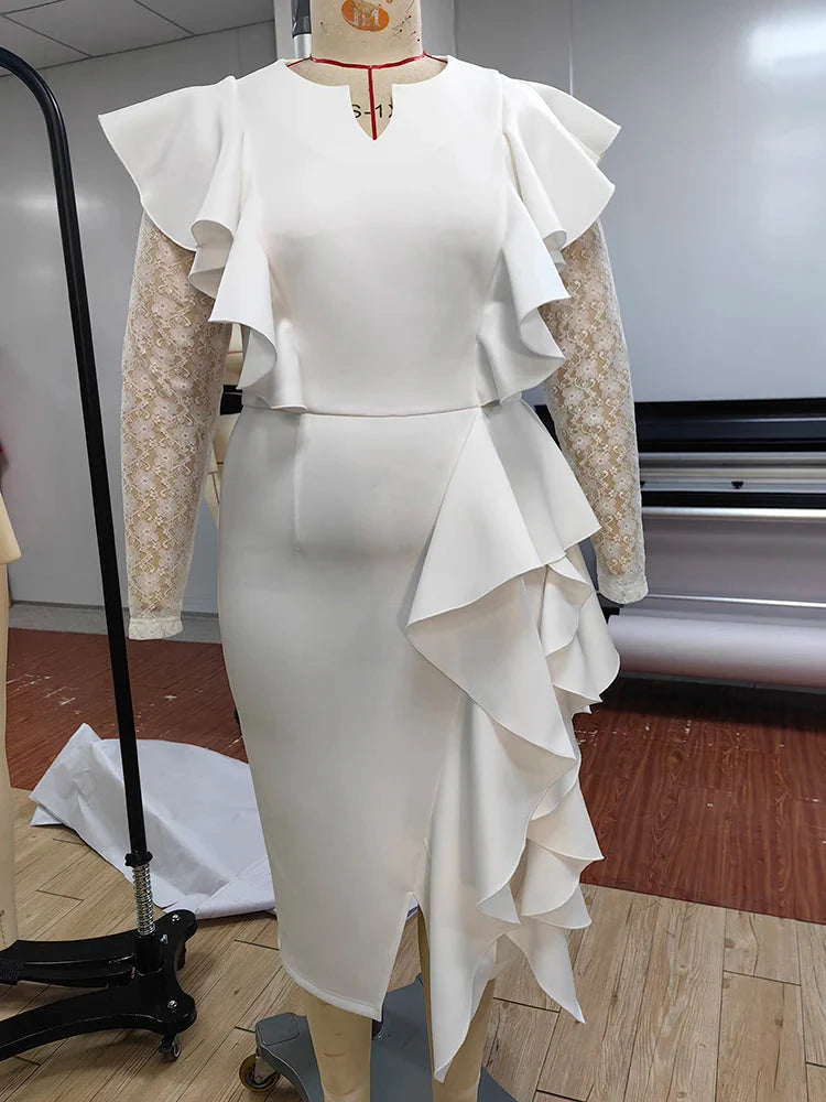 White AOMEI V-neck lace bodycon party dress with ruffle accents, midi length, elegant design, perfect for special occasions.