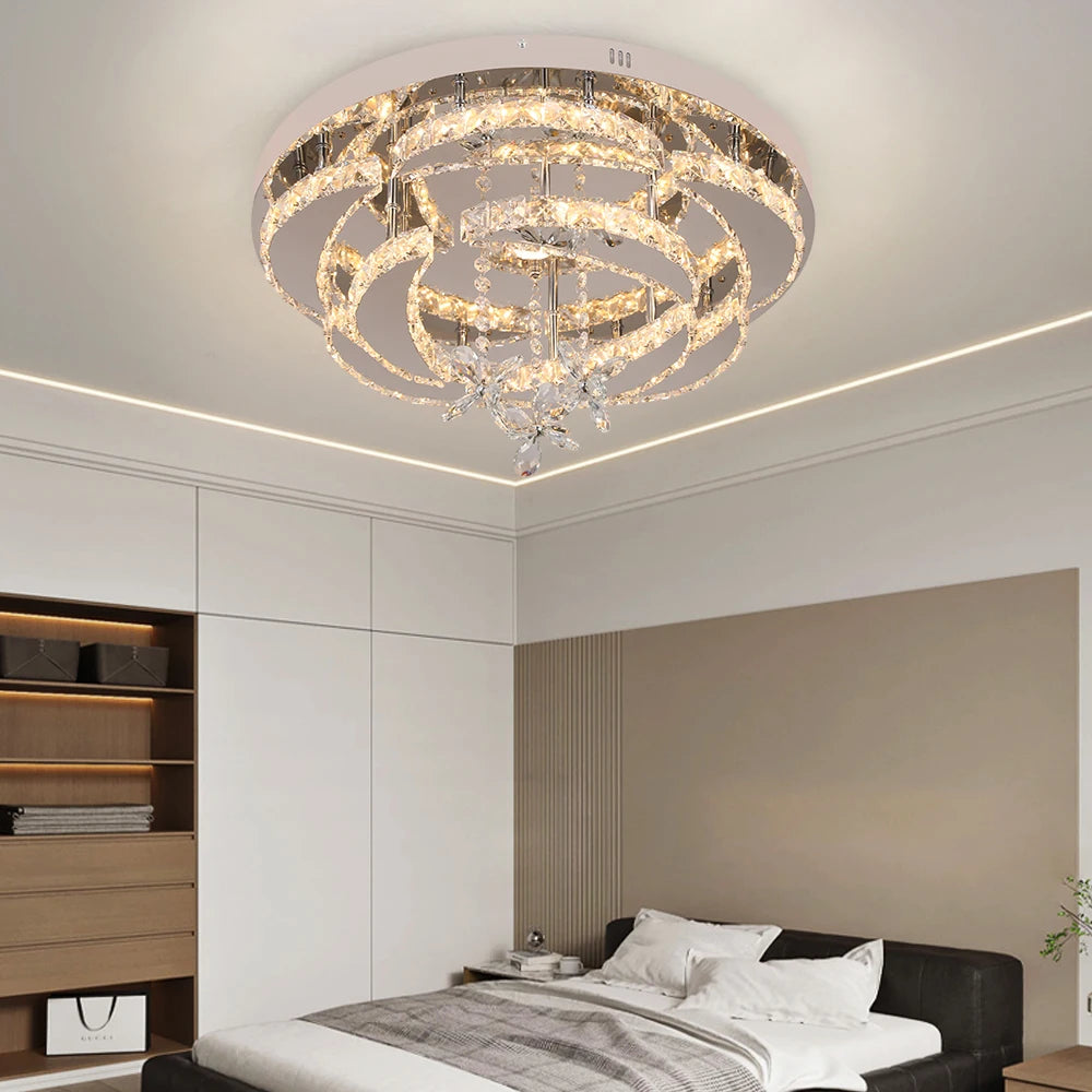 VETRULUS Modern K9 Crystal Chandelier with dimmable LED flush mount light, showcasing elegant crystal design and sleek metal finish.