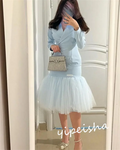 Elegant formal evening mermaid dress by Showlu Fashion with V-neck, tea length, customized fit, perfect for special occasions.