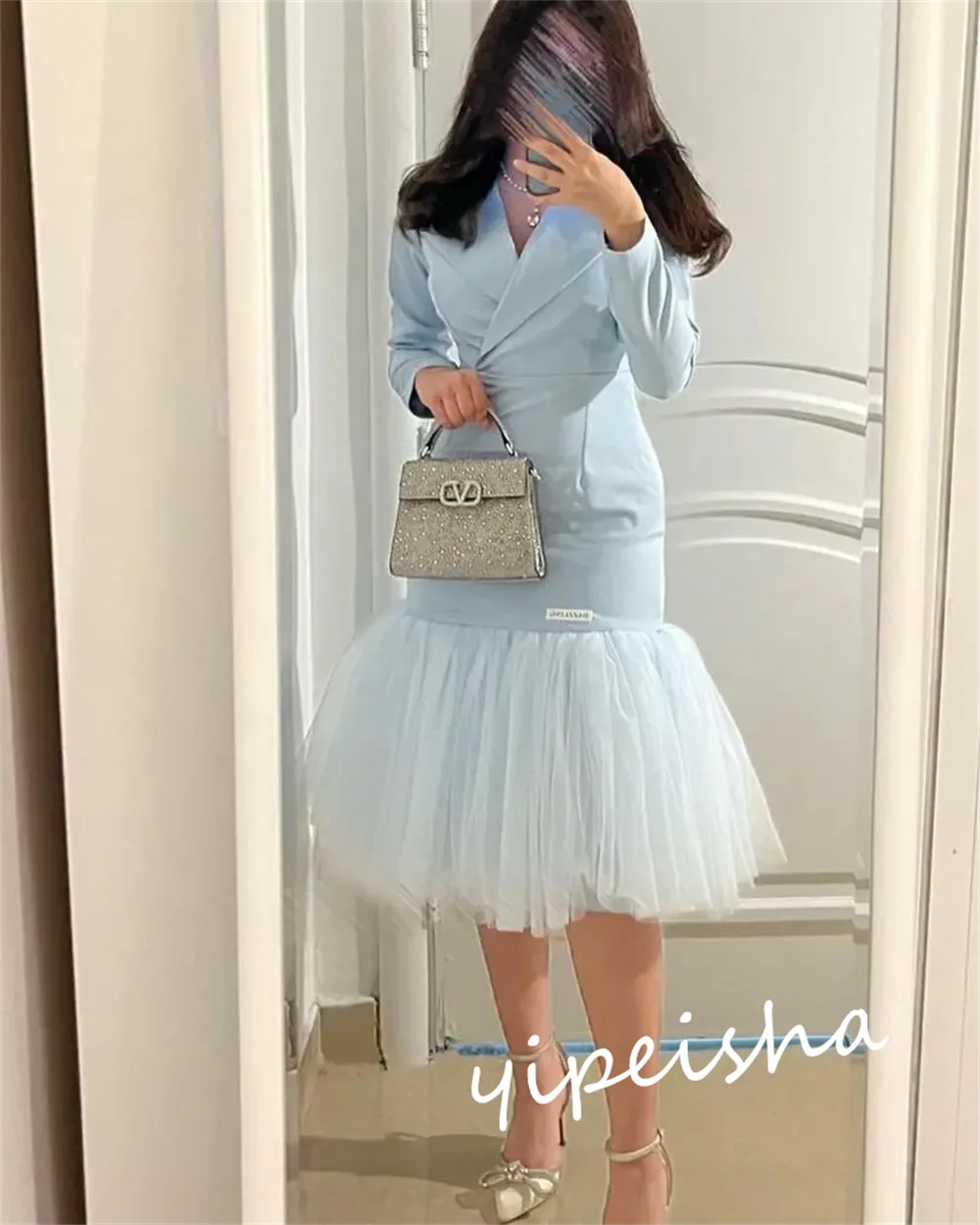 Elegant formal evening mermaid dress by Showlu Fashion with V-neck, tea length, customized fit, perfect for special occasions.