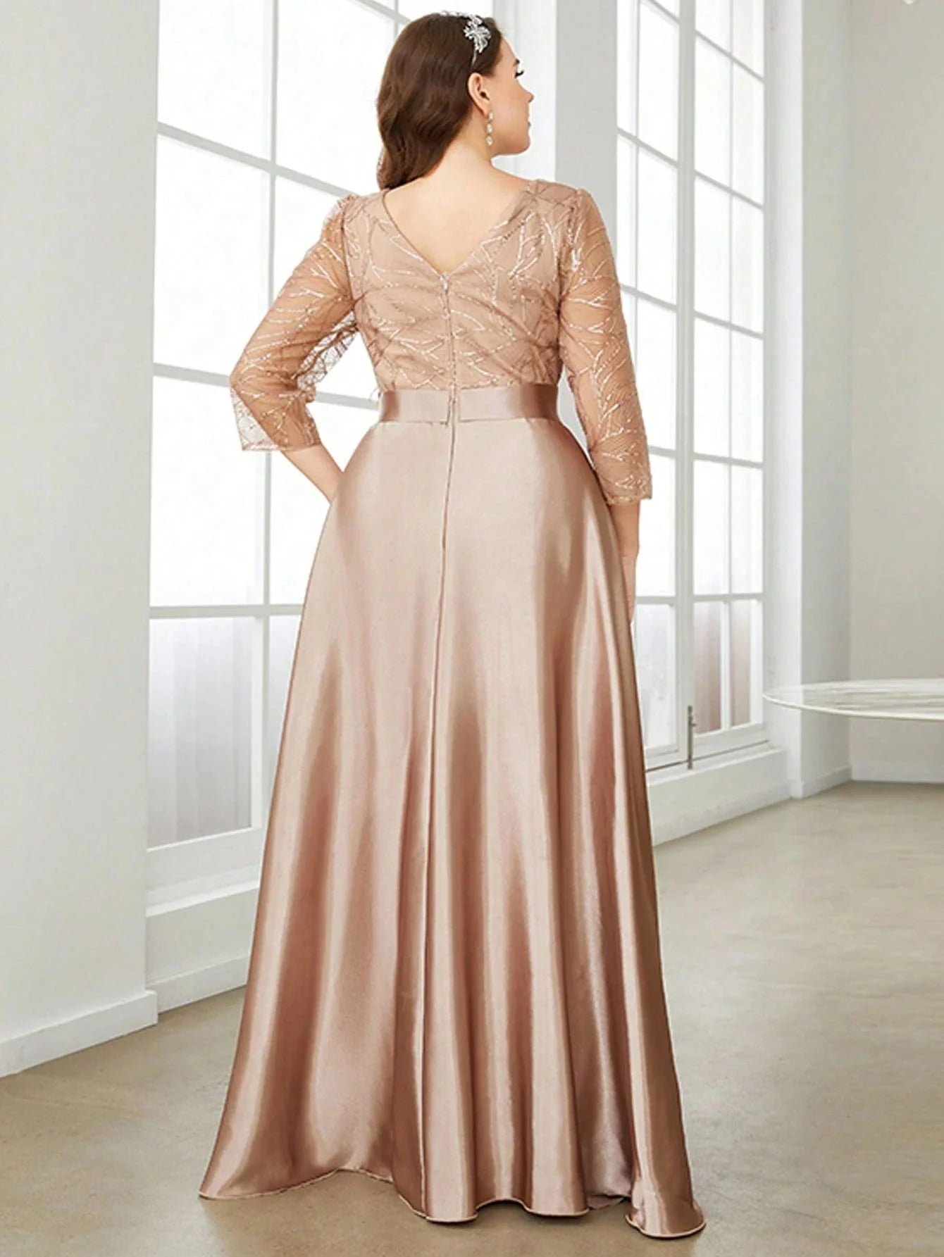 SHOWLU FASHION STORE Mgiacy sequin patchwork satin ball gown with long sleeves, perfect for elegant party occasions.