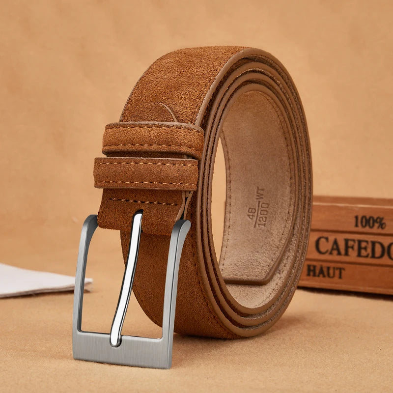 Genuine cow leather belt with classic plaid pin buckle for men, shown in natural light, showcasing durable leather and stylish design.