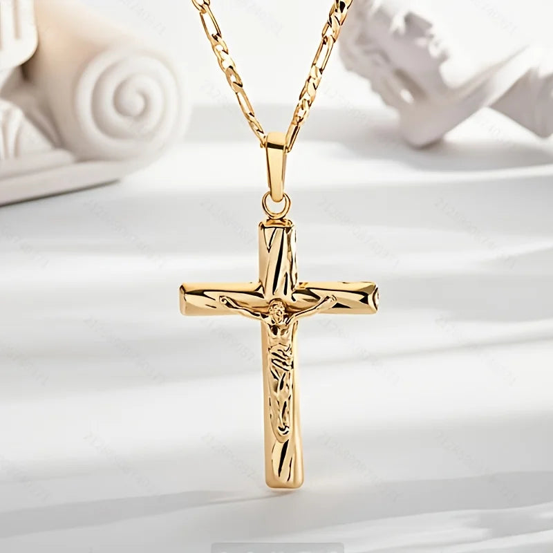 14K gold plated cross pendant necklace from Showlu Fashion, featuring a hip-hop sacred jewelry design with intricate detailing.