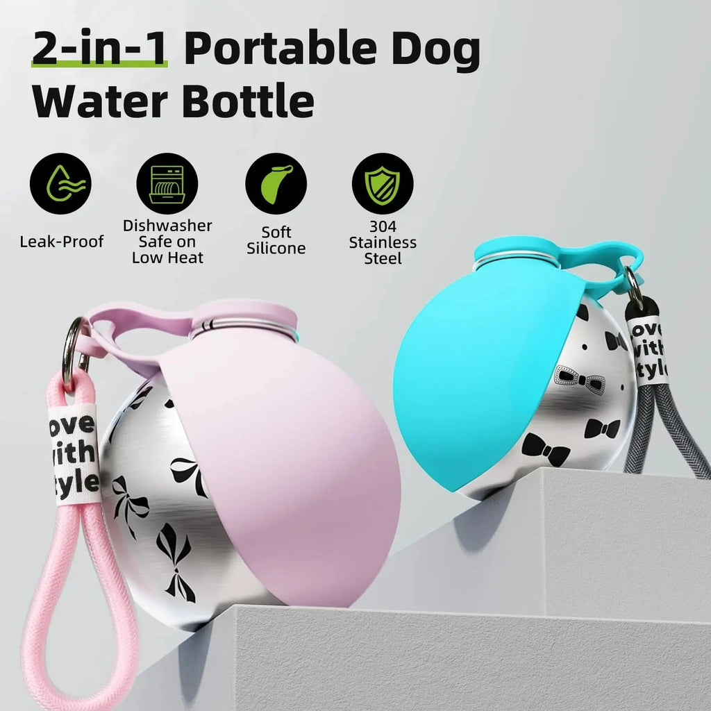 Showlu 2-in-1 portable dog water bottle with leak-proof stainless steel cup for on-the-go pet hydration.