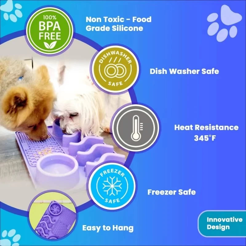 Turquoise silicone slow feeder mat for pets with aluminum bowl, designed to reduce anxiety and boredom in dogs or cats.