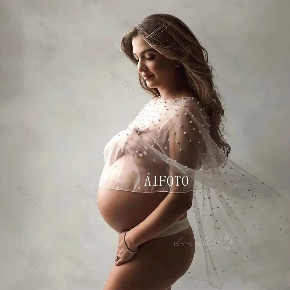 Showlu maternity tulle cape with pearl detailing, boho pregnancy gown for photo shoots, elegant maternity cape from SHOWLU FASHION STORE