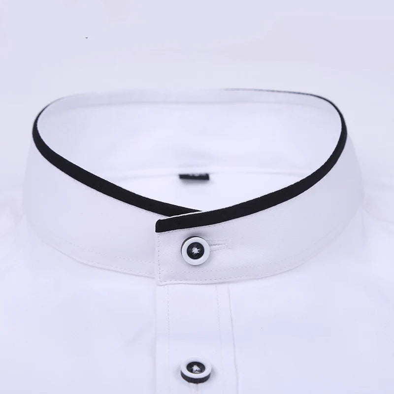Men's white slim fit long sleeve shirt with stand-up collar and round neck, stylish vertical collar design by Showlu Fashion.