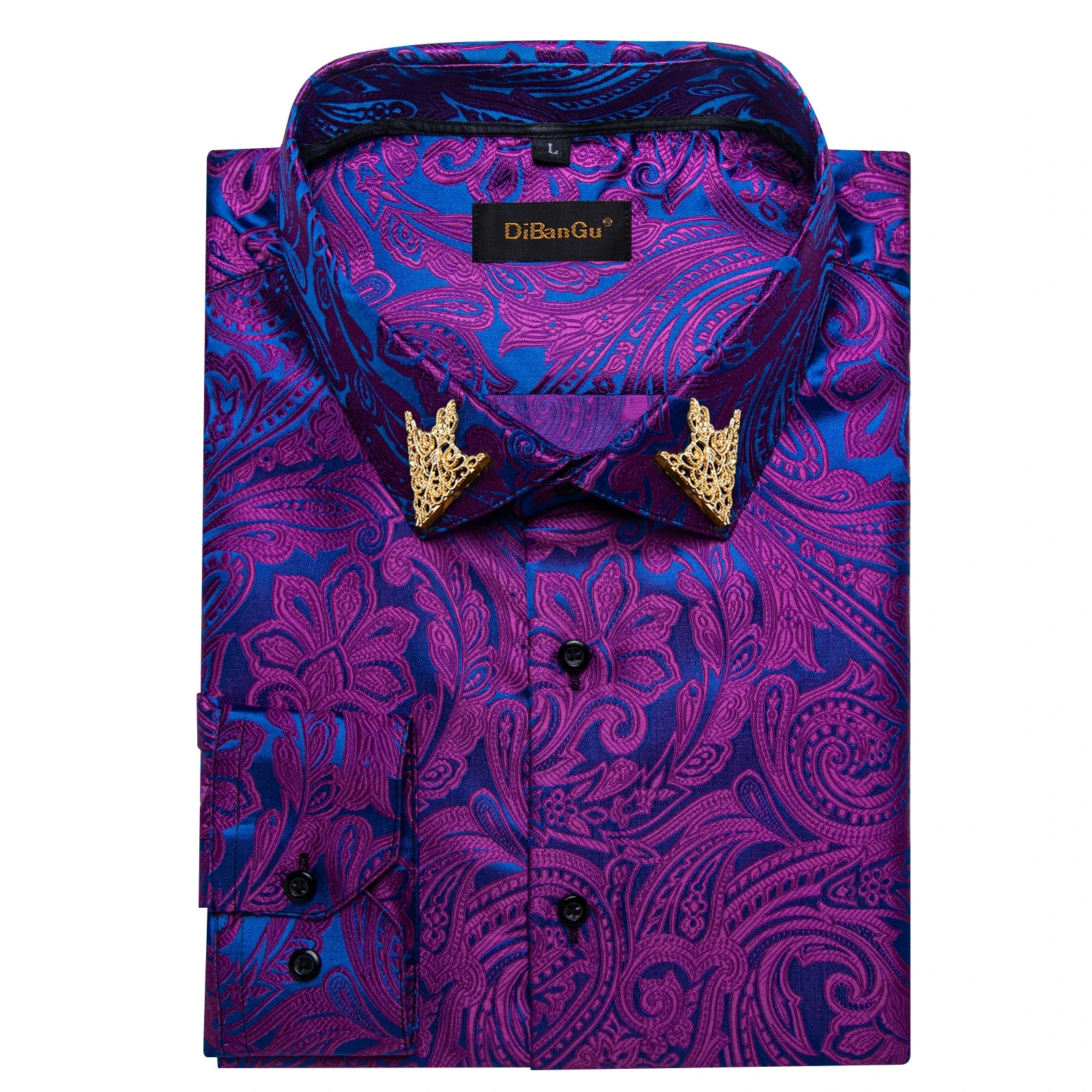Men's patterned brocade shirt with gold crown collar accents, elegant formal wear for galas and weddings by Showlu Fashion.