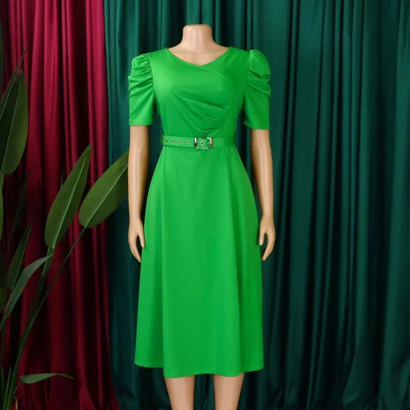 SHOWLU Women's V-Neck Pleated A-Line Dress, elegant mid-calf office gown with a flattering silhouette and stylish design.