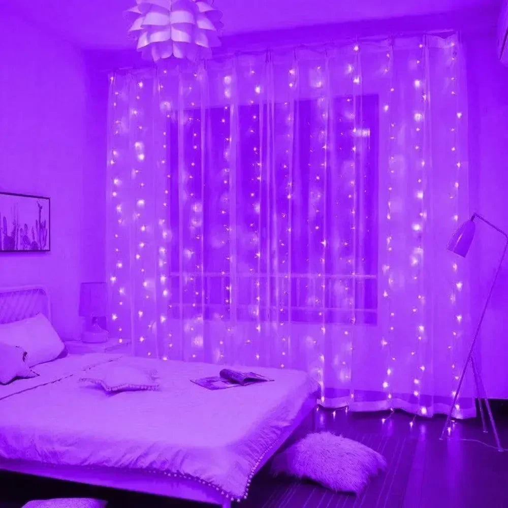 Showlu Smart General LED curtain fairy lights hanging with warm glow, ideal for home decor and festive lighting.
