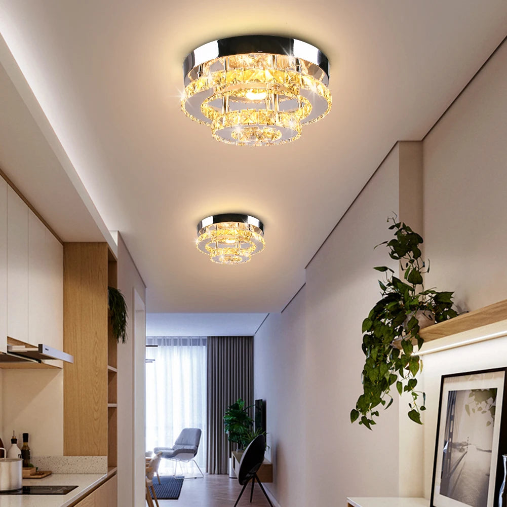 Mini LED crystal chandelier by QihangLighting, 2-layer flush mount light with sparkling crystal accents and modern design.