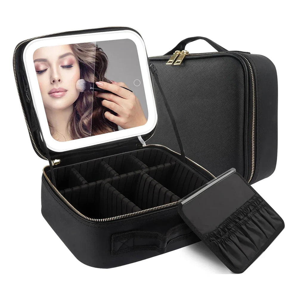 Large SHOWLU Makeup Bag with LED Mirror, travel cosmetic organizer with multiple compartments and reflective mirror for beauty on the go.