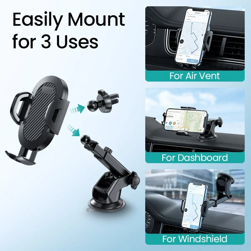 Universal AUFU Gravity Sucker Car Phone Holder mounted on windshield, showing adjustable grip and strong suction cup for secure hold.