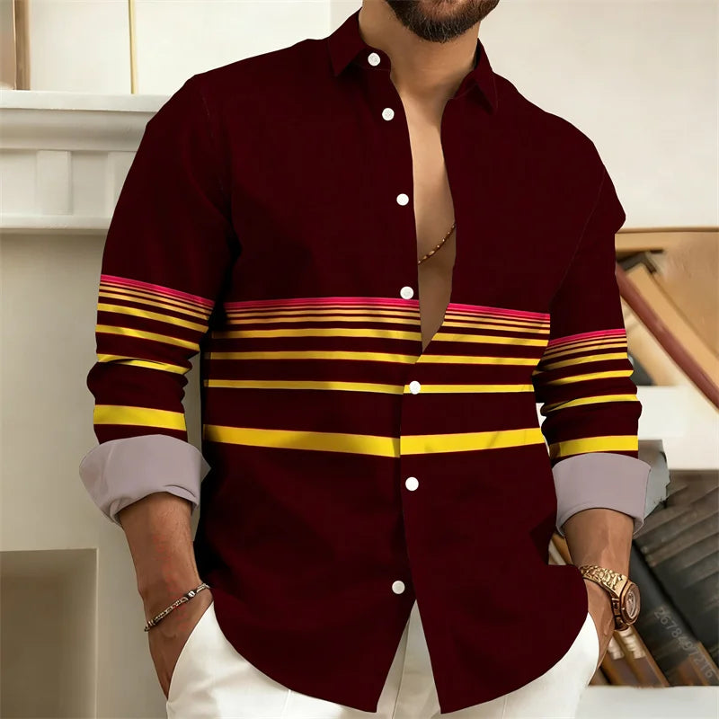 Men's striped long-sleeved casual shirt with lapel, outdoor street style, comfortable fabric, by Showlu Fashion Store.