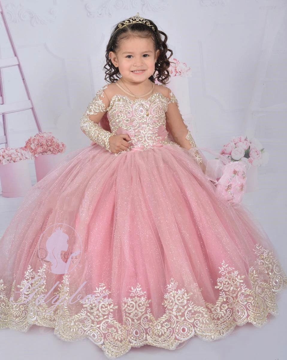 Customized ivory flower girl dress by Showlu Fashion with appliqués, floor-length for weddings, birthdays, communions, and pageants.