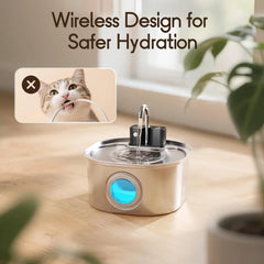 A stainless steel wireless pet water fountain with a blue light indicator on a wooden floor.