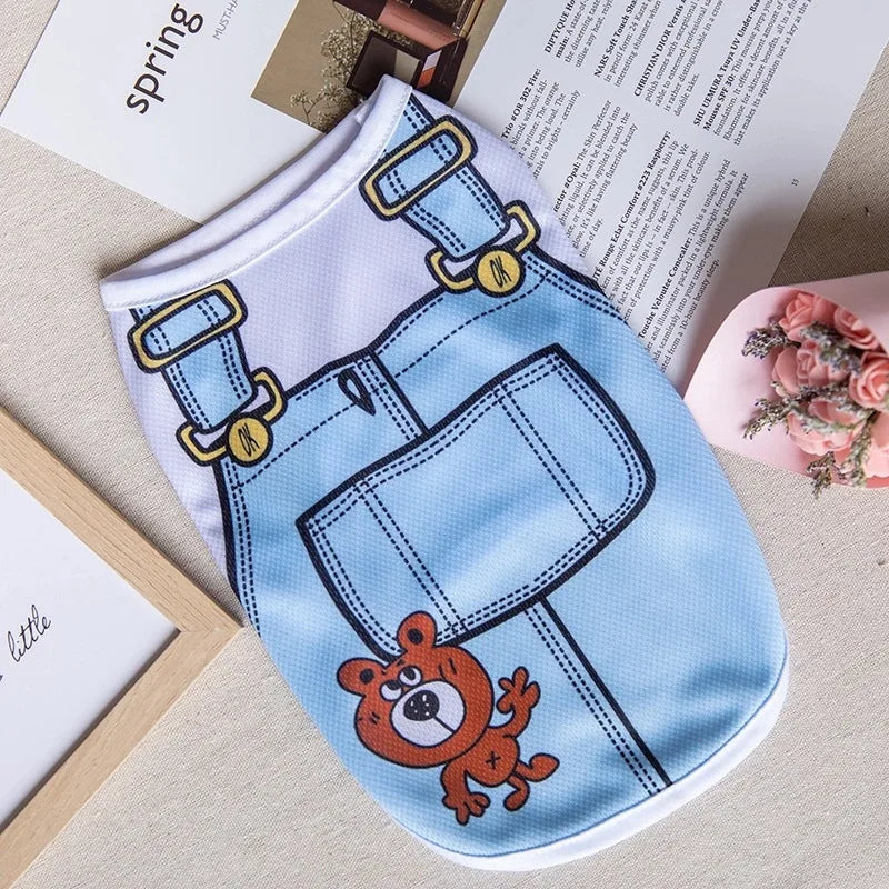 Cartoon-style Wang Shan Meow quick-drying dog vest made of polyester, designed for puppies, featuring a colorful, lightweight puppy shirt
