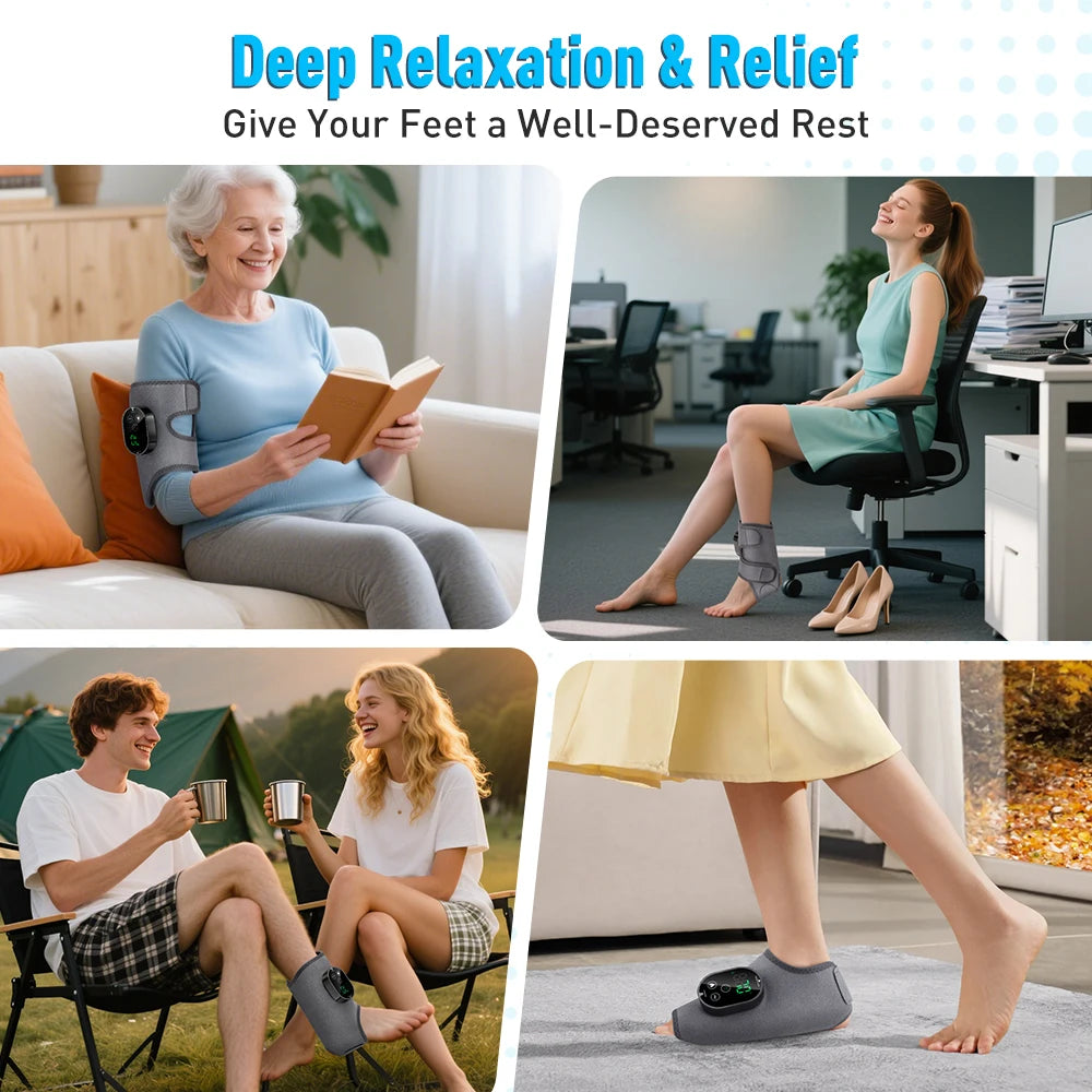 Showlu Fashion Store electric foot and ankle massager with vibration, heating, and adjustable strap for muscle relaxation.
