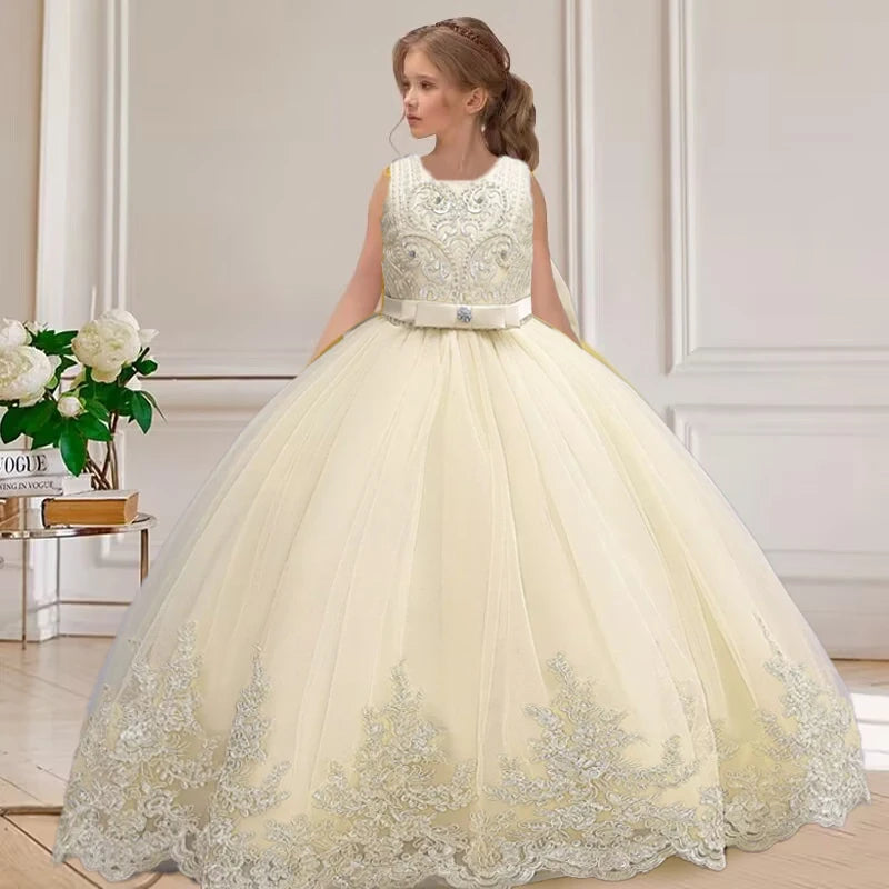 Beautiful girl birthday party dress for ages 4-12, sheer and elegant princess-style long carnival evening summer dress.
