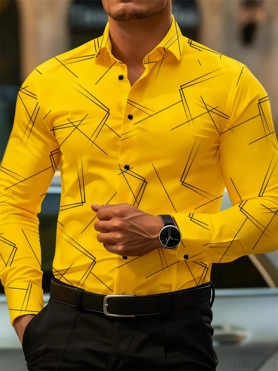 Men's slim fit long-sleeved shirt with geometric line print, non-iron business casual fashion design by Showlu Fashion Store.