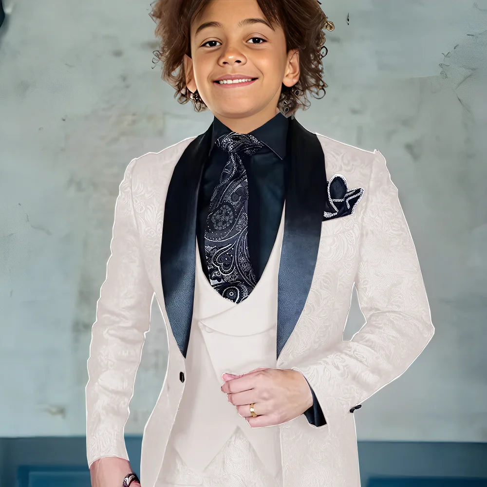 Burgundy Jacquard boys' 3-piece suit with jacket, pants, and vest for formal occasions, slim fit style by Showlu Fashion Store