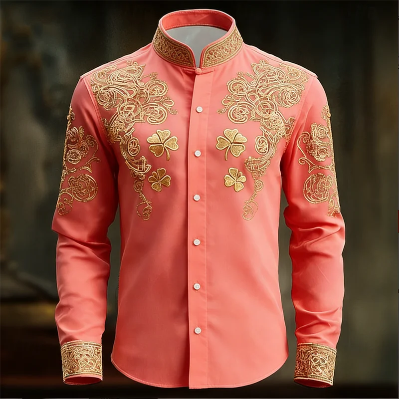 Men's floral long-sleeved shirt by Showlu Fashion Store with gold 3D clover print, stylish and luxurious top, front view.