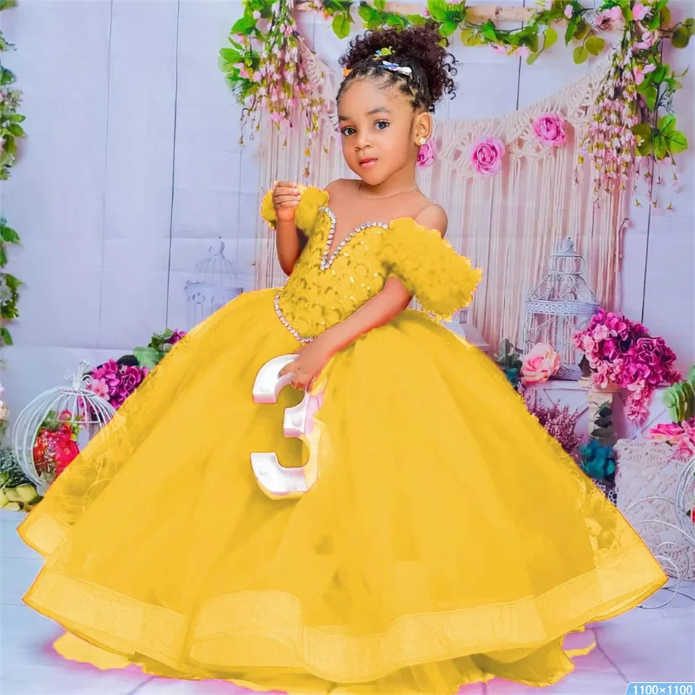 Red flower girl dress by SHOWLU FASHION STORE featuring tulle ruffles and a ball gown style, ideal for weddings and special occasions.