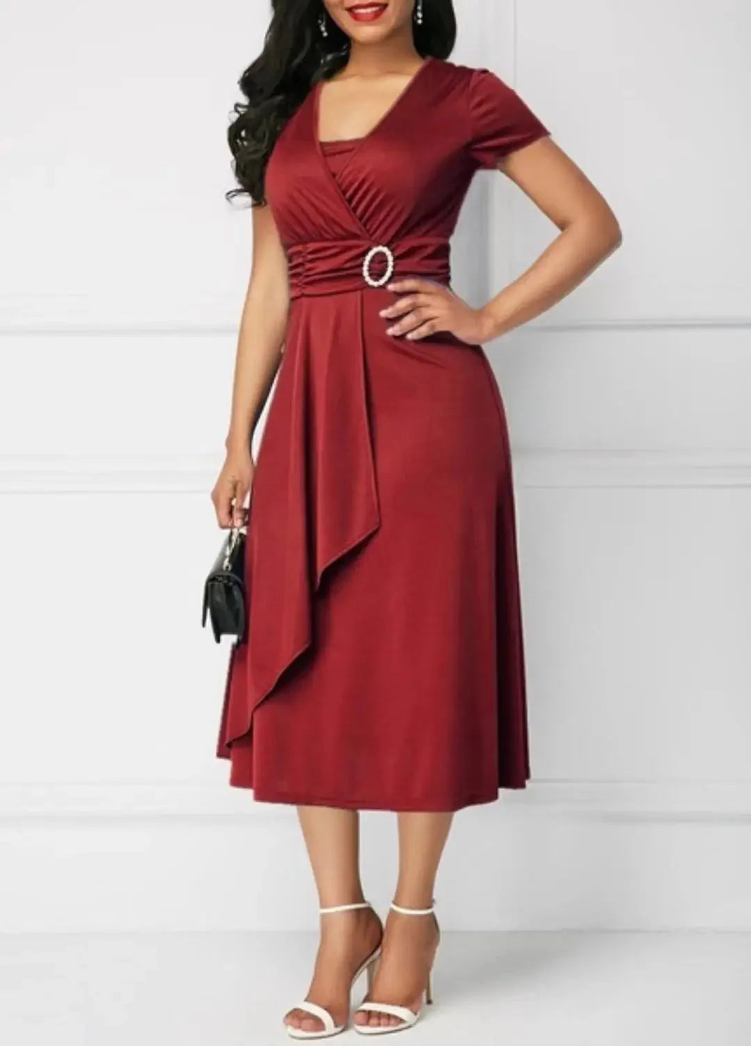 Women's V-neck chiffon midi dress by SHOWLU FASHION STORE, solid color A-line style perfect for parties and special occasions.
