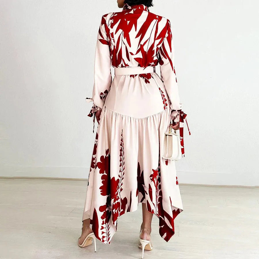 SHOWLU Women's printed asymmetric maxi dress with long sleeves, stylish shirt dress design, perfect for casual or semi-formal wear.