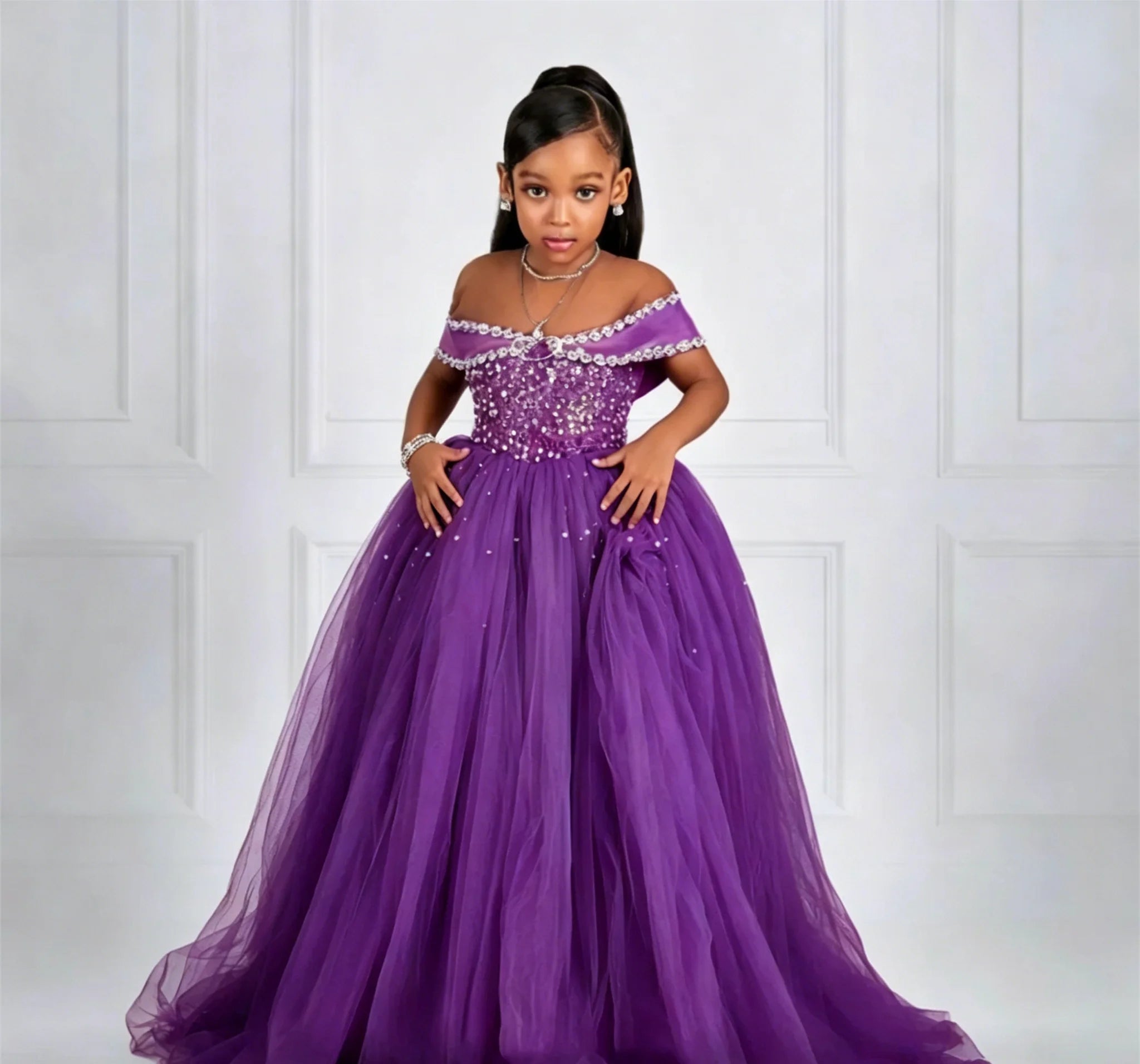Luxury Customized Off Shoulder Flower Girl Dresses for Wedding Beading Tulle Floor Lenght Girls Birthday First Communion Gown