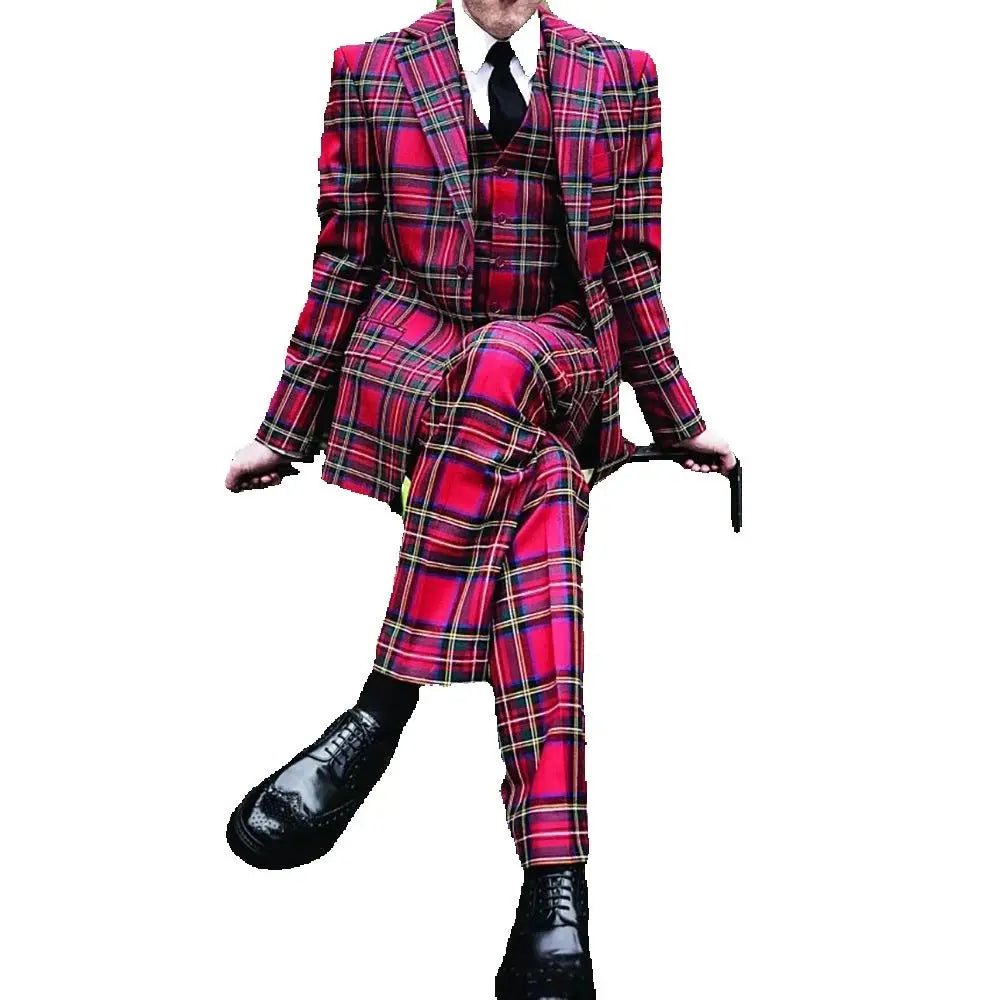 Men's red grid 3-piece suit with peak lapel, formal wedding and party attire from SHOWLU FASHION STORE.