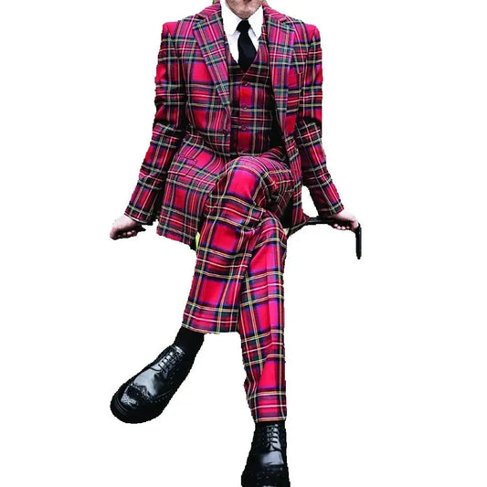Chic Red Grid Men Suit Single-breasted Peak Lapel 3 Pieces(Jacket+Pants+Vest) Male Formal Wedding Party Set