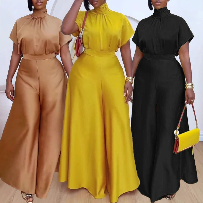 African fashion 2024 women’s two-piece satin lace-up top and wide-leg pants set by Showlu Fashion Store, stylish and elegant.