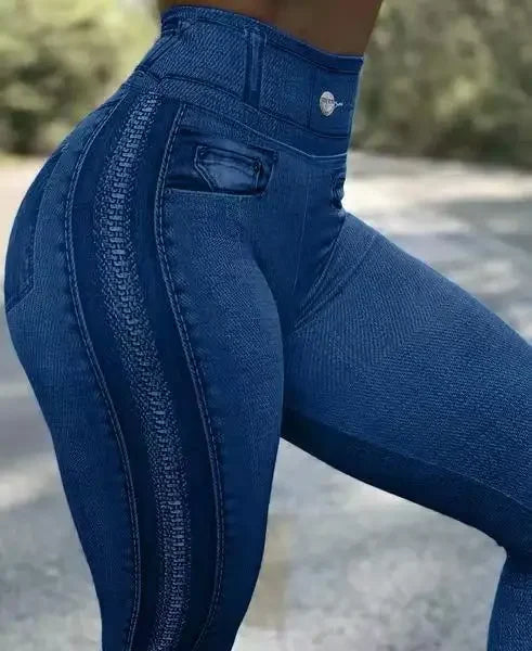 Denim look print high waist tummy control butt lift leggings for women, slim pencil style, spring and summer fashion by Showlu Fashion