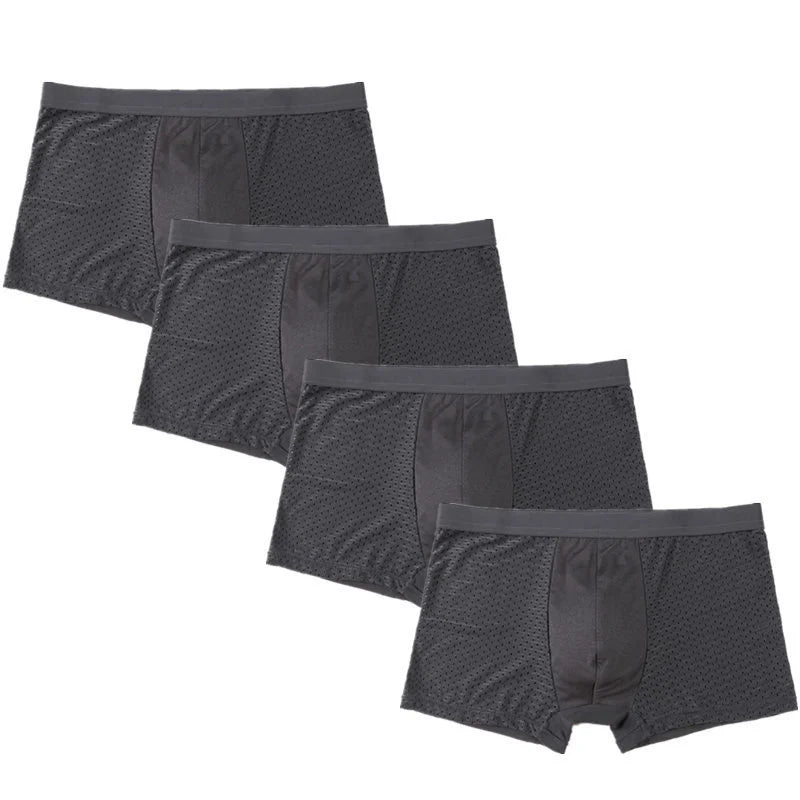 Showlu Men's Ice Silk Boxer Briefs 4-pack, breathable mesh underwear with comfortable fit and sleek design.