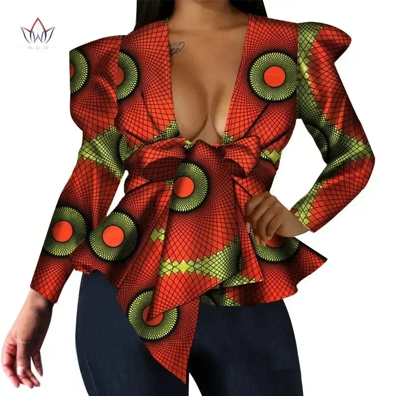 Women's BintaRealWax dashiki top with African print, V-neck, long sleeves, cotton fabric, vibrant and stylish design by SHOWLU FASHION STORE