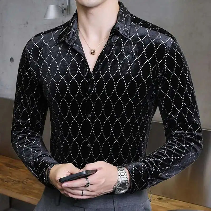Dark green velvet long sleeve dress shirt for men, slim fit, British style, 2023 fall fashion by Showlu Fashion.