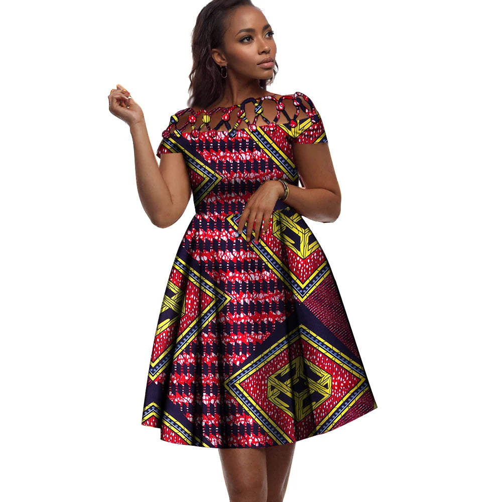 BintaRealWax African Dresses for Women Cotton Rope Weaving Collar African Print Wax Clothing Knee-Length Lady Dress WY335