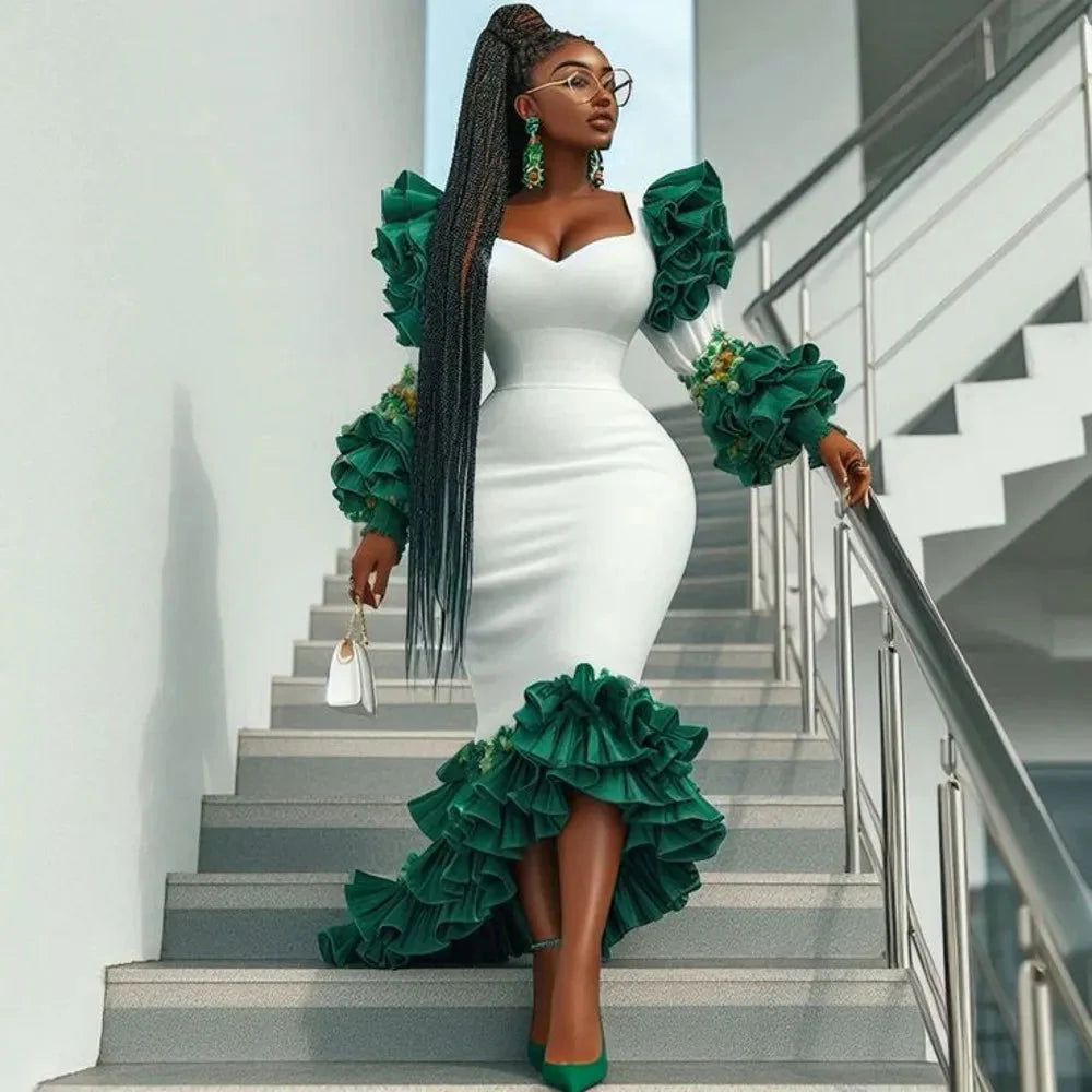 African floral maxi gown by SHOWLU FASHION with asymmetrical ruffle design, perfect for parties, featuring vibrant floral patterns.