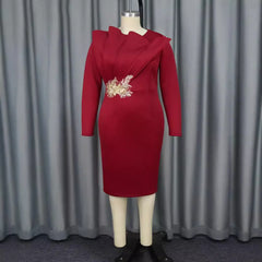 Personalized Embroidered Long Sleeve Round Neck Evening Gown, Solid Color Temperament Elegance Patchwork Slim-fit Dress Vestidos