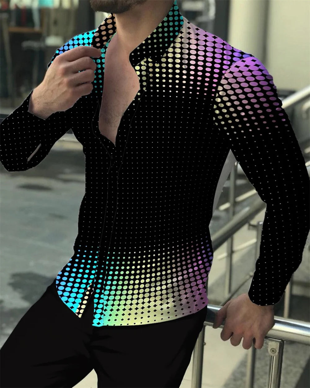 Men's casual long-sleeve button-up shirt with designer prints, lapel collar, fashionable for 2023, by Showlu Fashion Store.