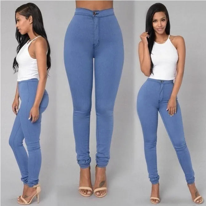 White and black high-waist skinny denim jeans for women, vintage-style casual long pants, perfect for a sexy pencil fit.
