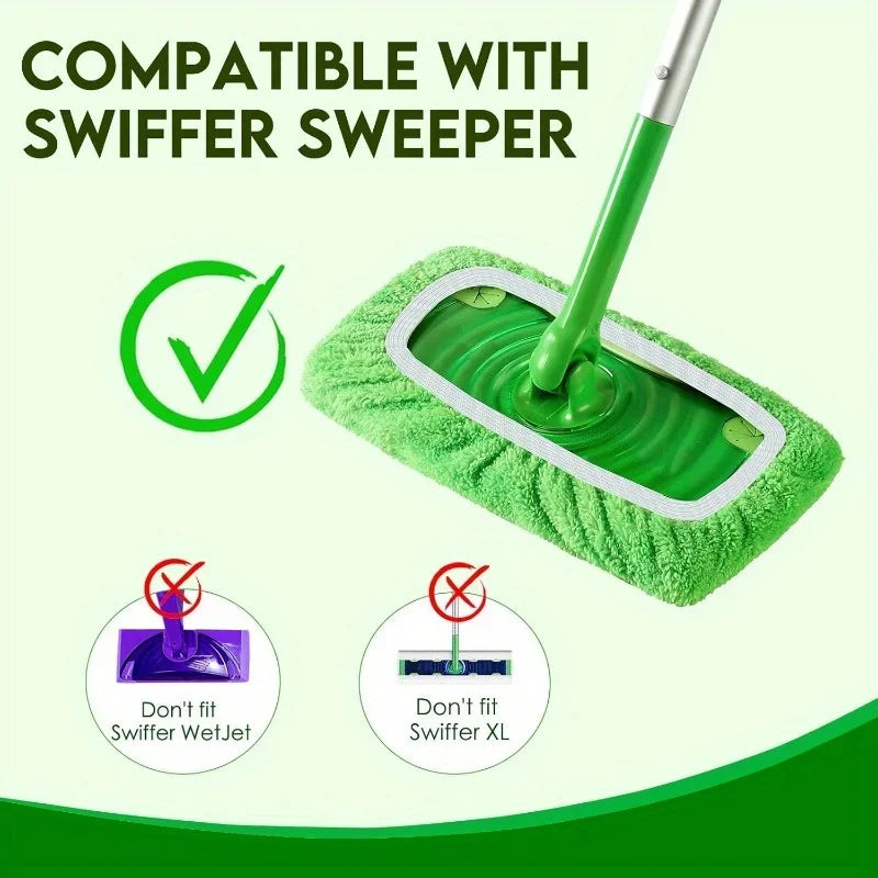 Set of four reusable mop pads with ultra-fine fibers, high water absorption, compatible with standard mops for efficient cleaning.