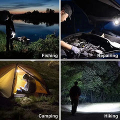 A collage showing a compact LED keychain light being used for fishing, car repair, camping, and hiking.