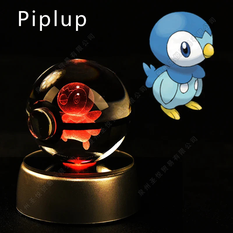 SHOWLU FASHION STORE Miniso Pokemon 3D Crystal Ball Night Light LED glass Pokeball lamp on a bedside table