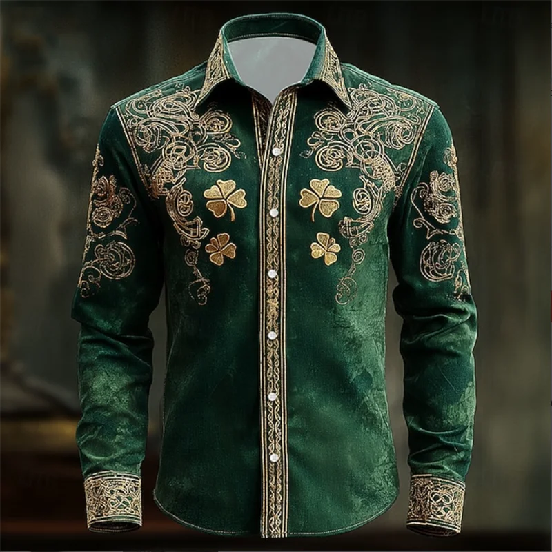 Men's floral long-sleeved shirt by Showlu Fashion with gold 3D clover print, stylish and luxurious shirt top.