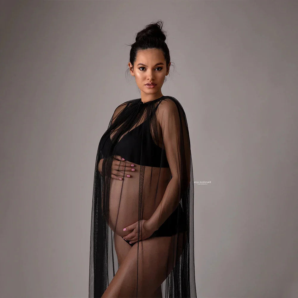 Showlu maternity tulle cape with pearl embellishments, boho-style pregnancy photo shoot gown, elegant and flowing bridal cape.