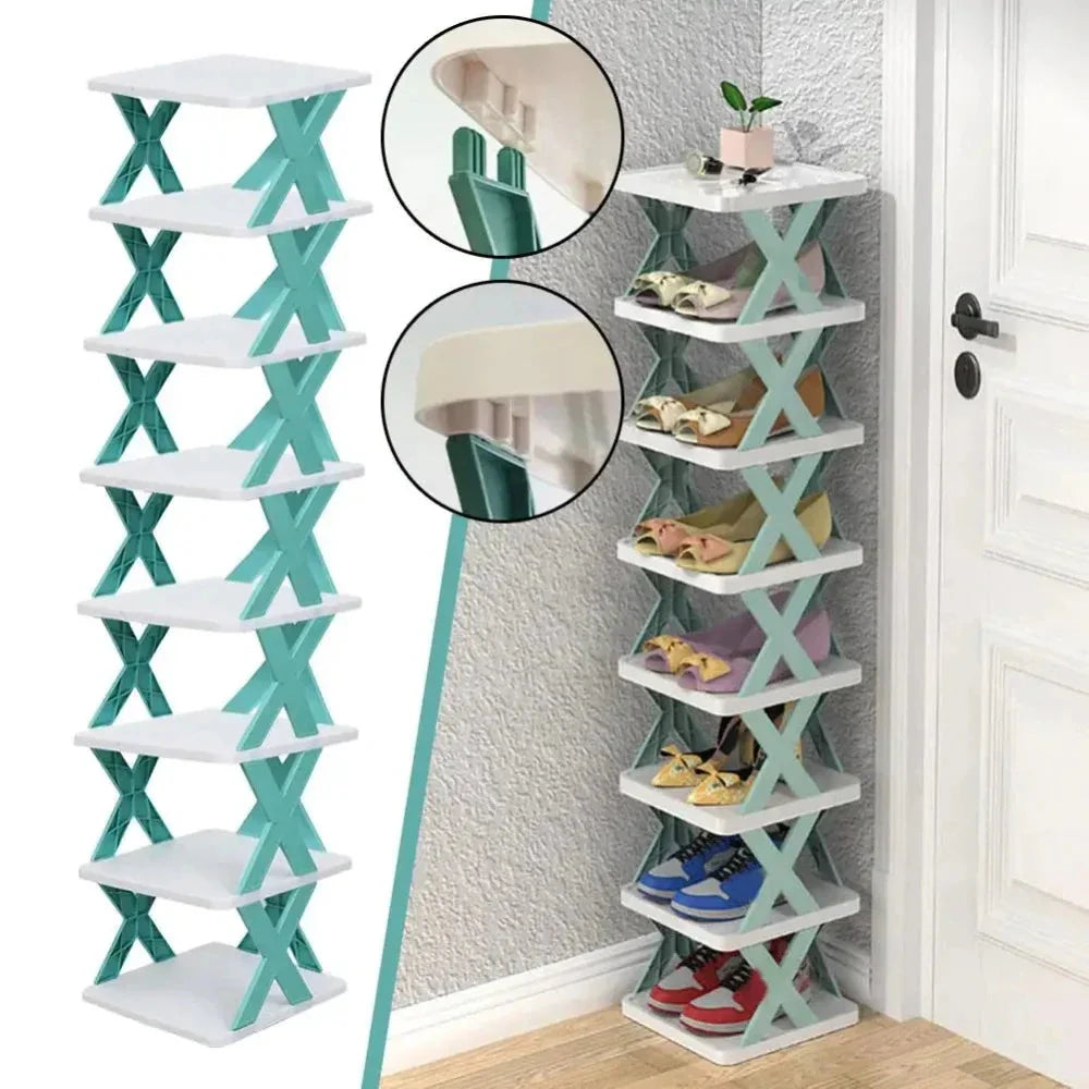 Showlu Fashion multi-layer detachable shoe rack with foldable storage shelf, showing organized shoes on a sturdy, multi-tiered stand.
